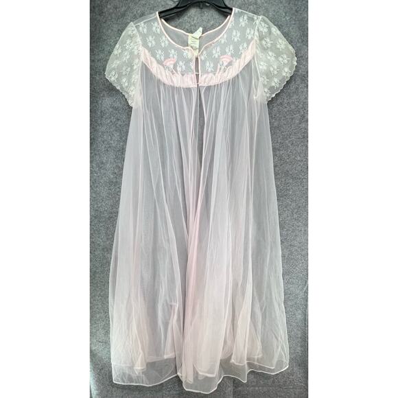 Vintage 60s 70s Peignoir Negligee L Pink Floral Nylon Lace Sheer Retro Feminine - Picture 5 of 13
